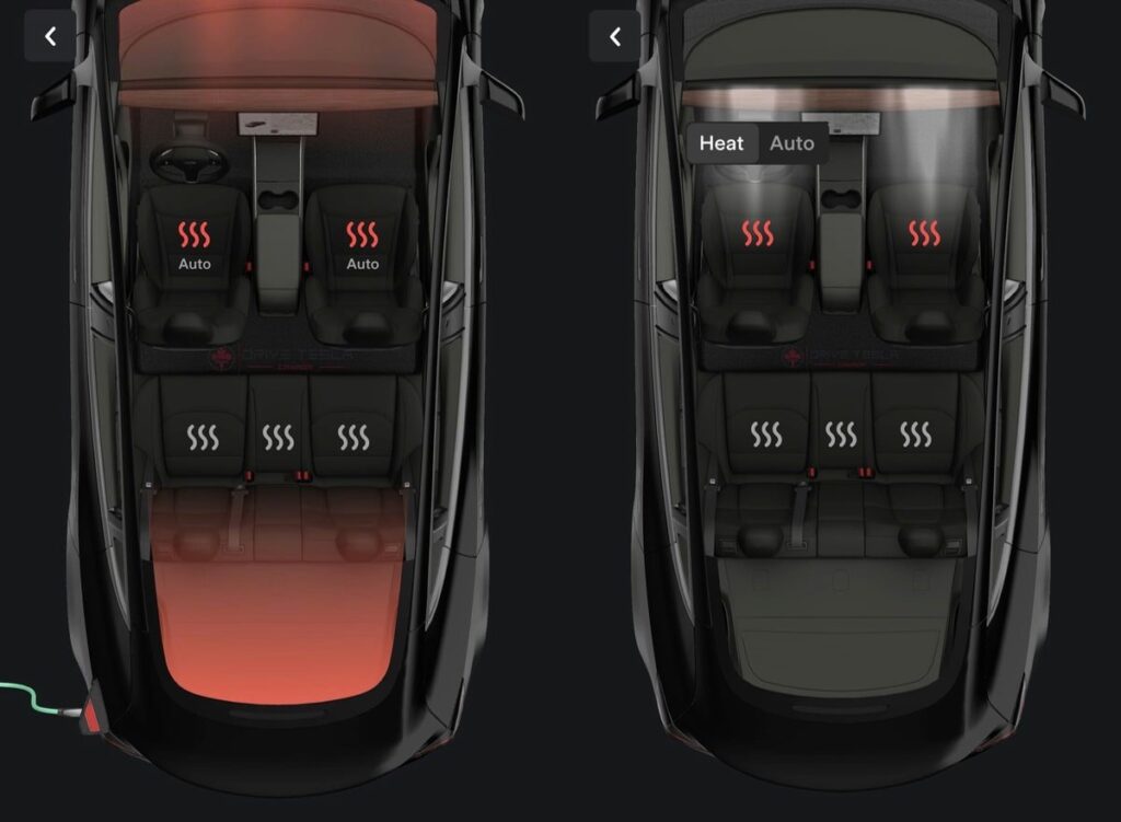 Tesla Model X interiørvarmeindstillinger vist fra oven
