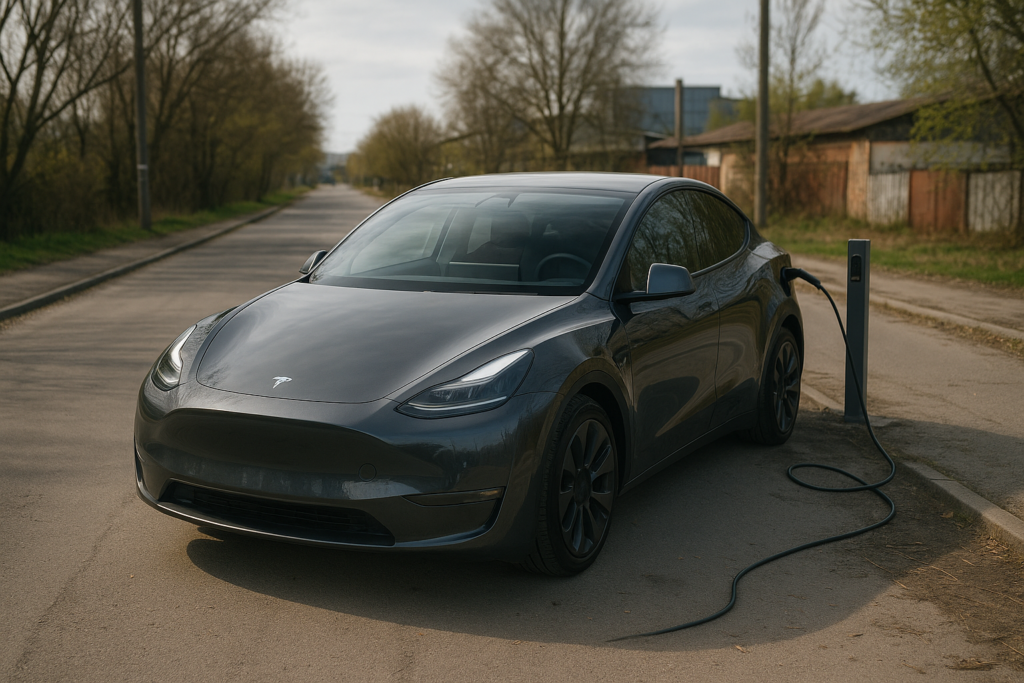 Tesla Model Y ved opladning på landevej