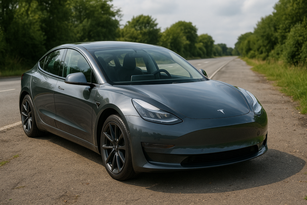 Tesla Model 3 parkeret ved landevej