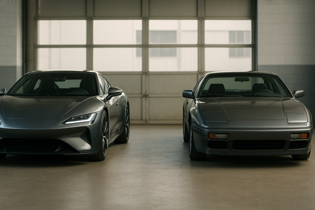 To sportsvogne parkeret i en garage