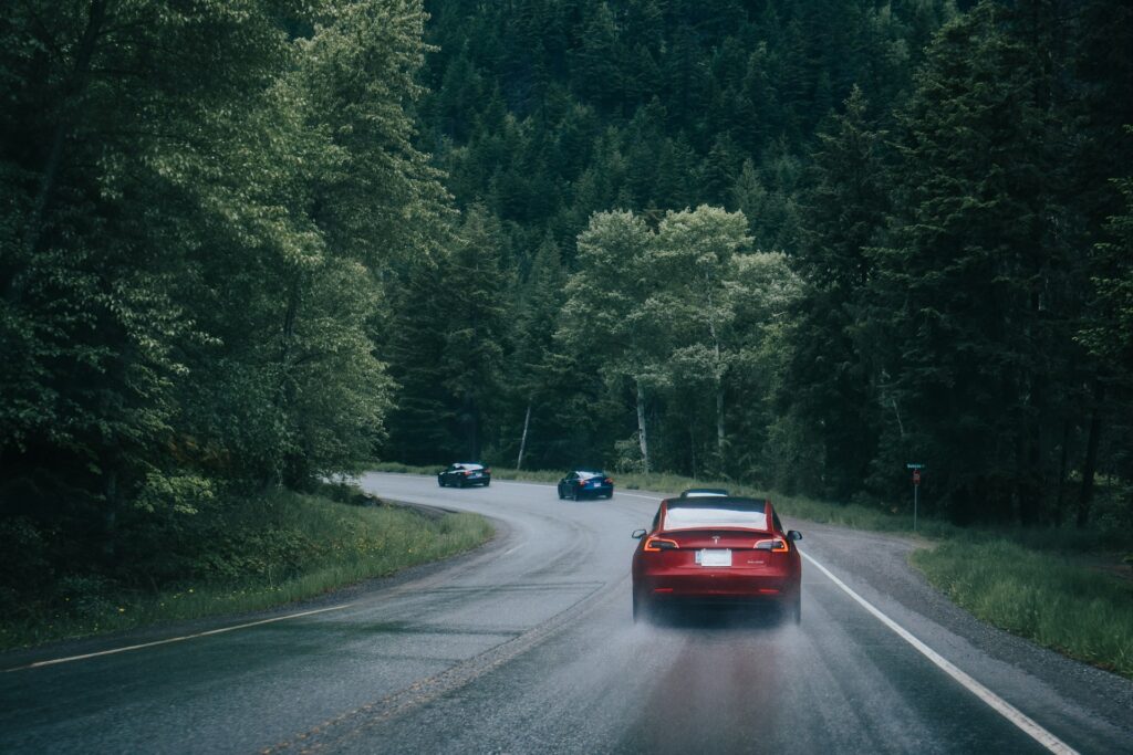Rød Tesla Model 3 set bagfra på en våd landevej gennem en skov